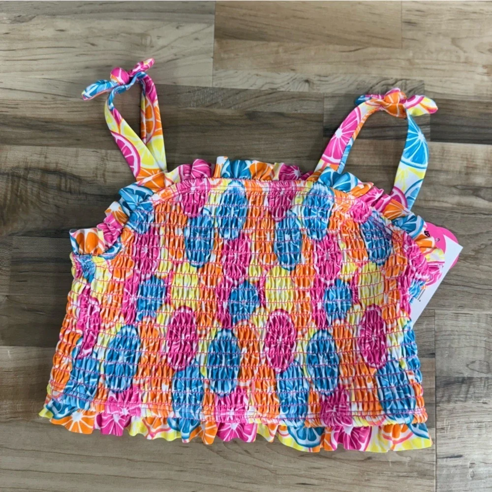 NWT Betsey Johnson Swimsuit 2 Pc Girls 14 Smocked Neon Fruit & Stripes Mix Print